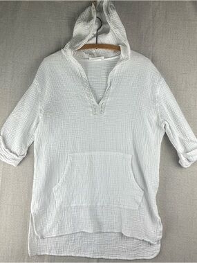 La Blanca White Gauze Hoodie Embroidered Cuff Sleeve Tunic S/M* Beach Surf Girl
